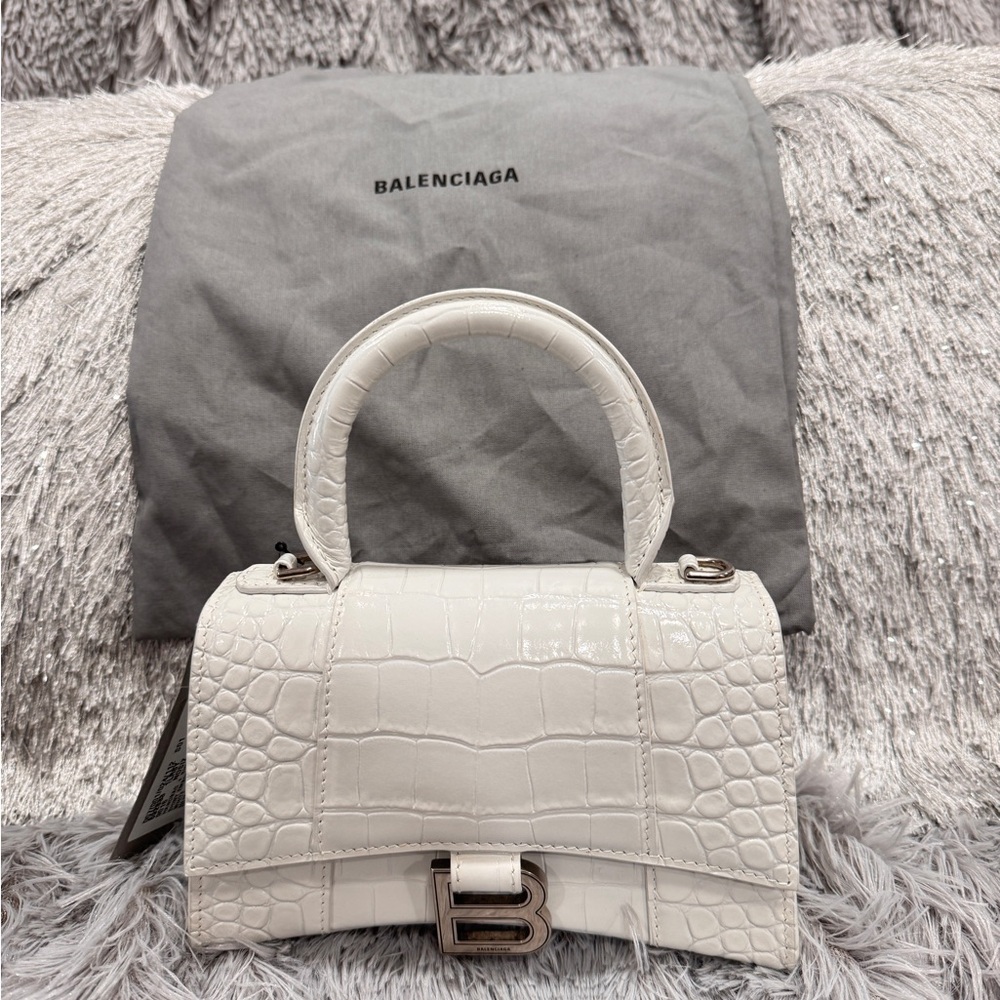 BALENCIAGA HOURGLASS XS HANDBAG CROCODILE EMBOSSED IN WHITE
